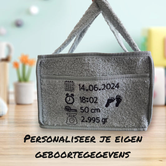 Luiertas van Teddy Stof – Gepersonaliseerd met naam + geboortegegevens